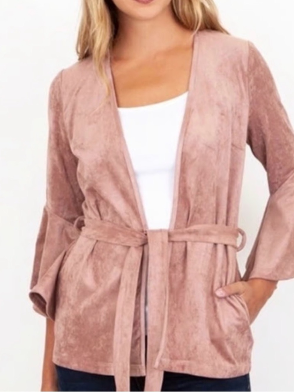 Kut from the Kloth Dusty Rose Faux Suede Bell Sleeve  belted blouse